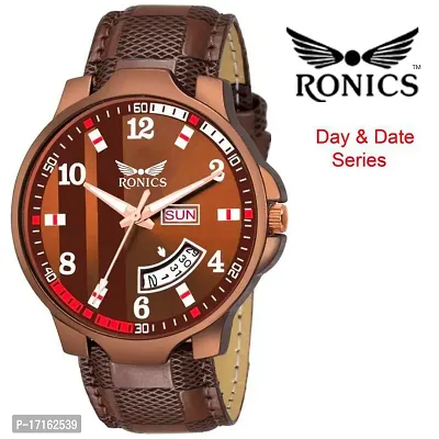 Ronics Outstanding Explorer Brown Dial LEATHER Strap Premium Quality Day Date Watch