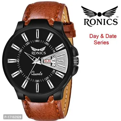 Ronics Outstanding Explorer Black Dial Brown LEATHER Strap Premium Quality Day Date Watch-thumb0