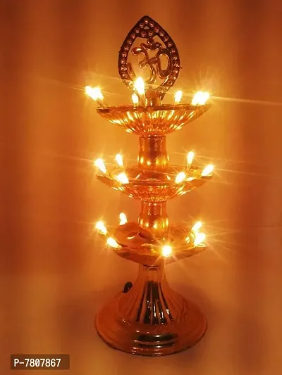 NSCC Electric Pooja Diya Light LED Lamp Deepak 3 Layers for Diwali Festival,Plastic (Golden, Pack of 1)