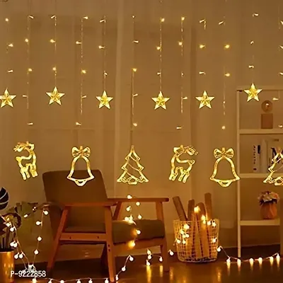 Christmas Curtain Fairy Lights, 138 LED Stars Curtain String Lights with Christmas Tree Reindeer Bell 8 Flash Modes Plug in Indoor Outdoor Decorati-thumb0
