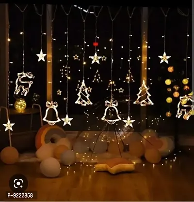 Christmas Curtain Fairy Lights, 138 LED Stars Curtain String Lights with Christmas Tree Reindeer Bell 8 Flash Modes Plug in Indoor Outdoor Decorati-thumb2