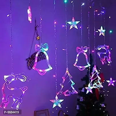 Christmas Curtain Fairy Lights, 138 LED Stars Curtain String Lights with Christmas Tree Bell 8 Flash Modes Plug in Indoor Outdoor Decoration Lightning Christmas Multicolor