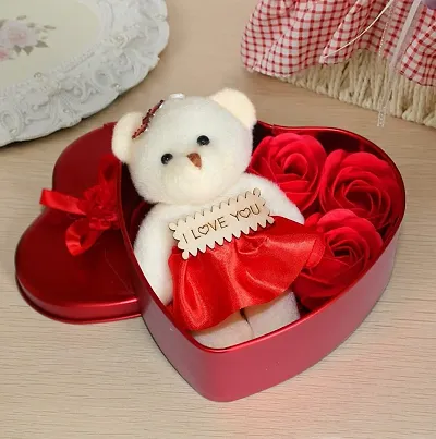 Valentine Day Gift for Wife Husband Girlfriend Boyfriend Girls Boys - Valentines Special Artificial Rose with Teddy Soft Toy Set Birthday Gifts in heartbox Girls- Box Flower