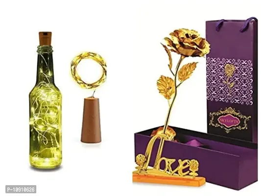 Artificial Golden Rose Flower with Love Stand in Gift Box with Carry Bag  Cork Shaped Bottle Fairy String Lights Battery