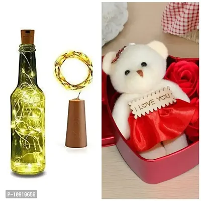 Combo Cork Shaped Bottle Fairy String Lights Battery  Valentines Special Artificial Rose with Teddy Soft Toy Set for Valentine Day-thumb0