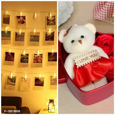 Combo 16 Photo Clip LED String Lights for Photo Hanging  Valentines Special Artificial Rose with Teddy Soft Toy Set Birthday Gifts in heartbox Girls- Box Flower for Valentine Day