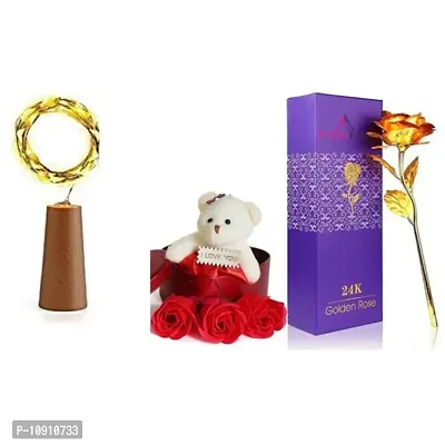 Combo Cork Shaped Bottle Fairy String Lights Battery  Valentines Special Artificial Rose with box  Teddy Soft Toy Set for Valentine Day,heartbox Girls- Box Flower