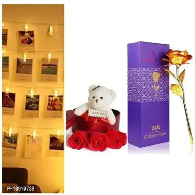 Combo 20 Photo Clip LED String Lights for Photo Hanging Valentines Special Artificial Rose with box  Teddy Soft Toy Set for Valentine Day,heartbox Girls- Box Flower