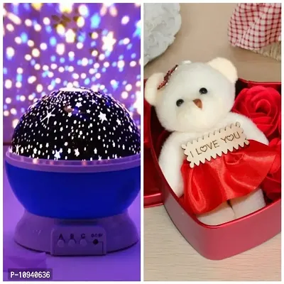 Combo Star Master Rotating 360 Degree Kids Toys Moon Light Projector For Room Night Light  Artificial Rose with box  Teddy Soft Toy Set for Valentine Day,heartbox Girls- Box Flower