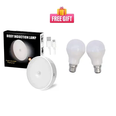 Combo Motion Sensor Light for Home with USB Charging Body Induction Lamp (Pack of 1)  9W Led Bulb (Pack of 2)-thumb0