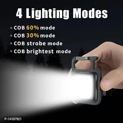 Cob Keychain Work Light - 2 Pack Keychain Lights, 4 Light Modes Rechargeable Keychain Flashlights with Folding Bracket Bottle Opener Magnetic Base for Fishing Walking Camping, Abs-thumb3