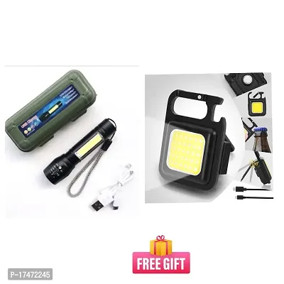 Combo  Mini Flashlight Emergency Led Light Zoom Focus Torch Light with 3 Modes  Keychain LED Light 2-Hours Battery Life with Bottle Opener, Magnetic Base and Folding Bracket (Pack of1)