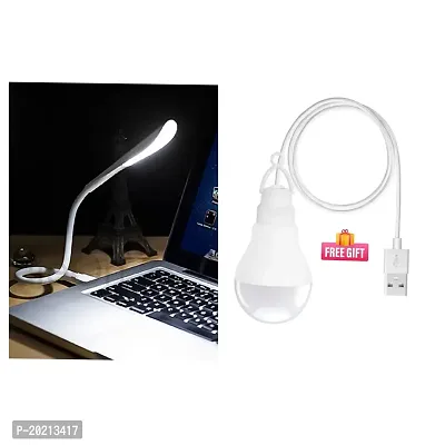 Combo Portable Flexible Adjustable Eye Protection USB LED Desk Light Table Lamp Bright USB LED Bulb / 9 Volts / 9 Watts Along with Long Wire/Cable. (White) (Pack of1)