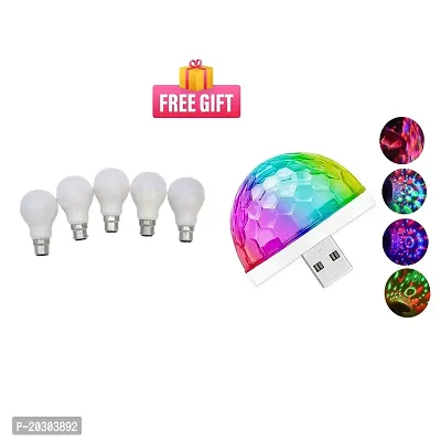 Combo 9-Watts Multipack B22 LED Cool Day White LED Bulb,USB Operated Disco Projection Light Multicolor Disco Effects Round LED Night Light for Home Bedroom Party Room Compatible with USB Port