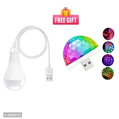 Combo Bright USB LED Bulb / 9 Volts / 9 Watts Along with Long Wire/Cable. (White),USB Operated Disco Projection Light Multicolor Disco Effects Round LED Night Light (Pack of 1)-thumb0