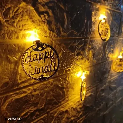 Happy Diwali Golden Metal String LED Light 10 LED 3 Meter Metal Fairy Lights for Diwali, Home Decoration Wall Hanging Light (Plug-in, Warm White)-thumb3