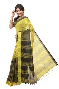 martliner Designer Striped Handloom Khadi Cotton Saree for Women (Yellow,Black/White,Blue/Red,Yellow)-thumb1