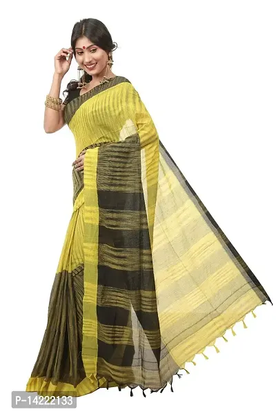 martliner Designer Striped Handloom Khadi Cotton Saree for Women (Yellow,Black/White,Blue/Red,Yellow)-thumb2