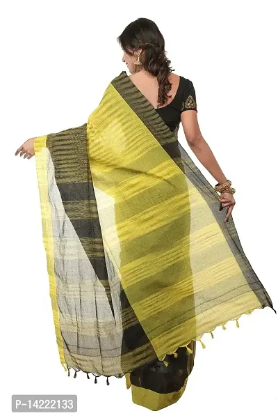martliner Designer Striped Handloom Khadi Cotton Saree for Women (Yellow,Black/White,Blue/Red,Yellow)-thumb3