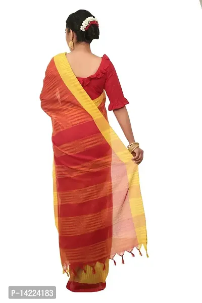 martliner Designer Striped Handloom Khadi Cotton Saree for Women (Yellow,Black/White,Blue/Red,Yellow)-thumb3