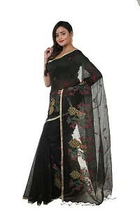 martliner Women's Saree Bengal Handloom of Self Design Pure Cotton Silk With Blouse Piece, Black Colour-thumb1