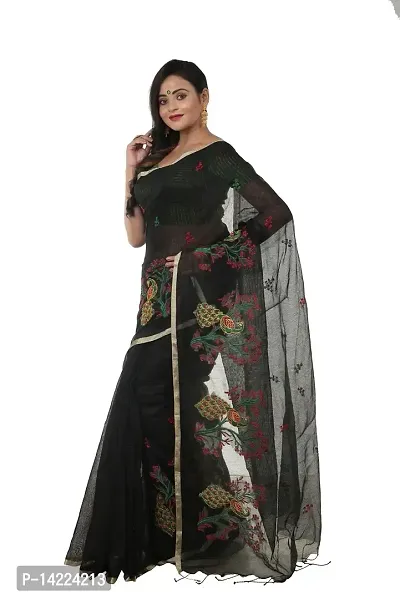 martliner Women's Saree Bengal Handloom of Self Design Pure Cotton Silk With Blouse Piece, Black Colour-thumb2