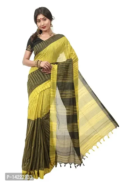 martliner Designer Striped Handloom Khadi Cotton Saree for Women (Yellow,Black/White,Blue/Red,Yellow)-thumb0