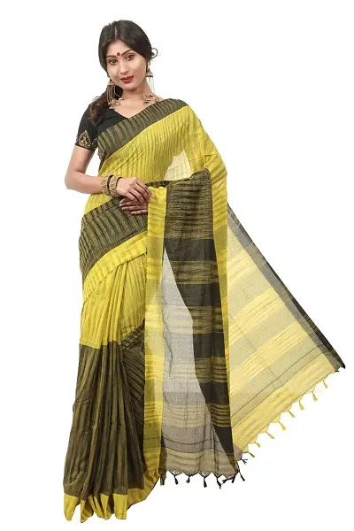 martliner Designer Striped Handloom Cotton Saree for Women (Yellow/Yellow,Black/White,Blue/Red,Yellow/Yellow,Blue)
