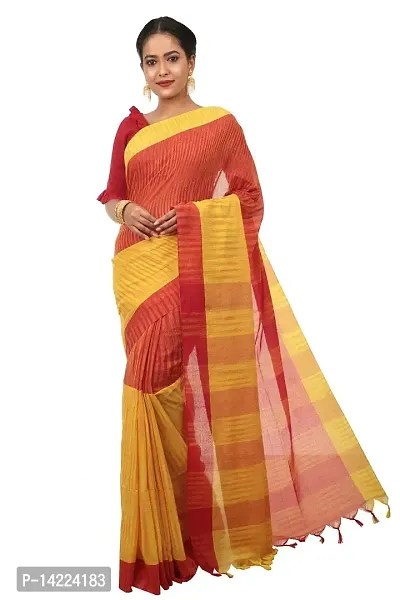 martliner Designer Striped Handloom Khadi Cotton Saree for Women (Yellow,Black/White,Blue/Red,Yellow)