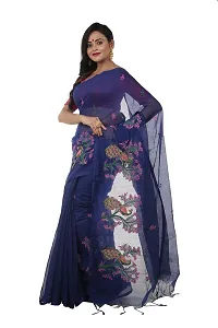 martliner Women's Saree Bengal Handloom of Self Design Pure Cotton Silk With Blouse Piece, Blue Colour-thumb1