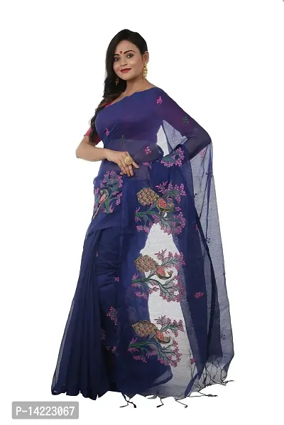 martliner Women's Saree Bengal Handloom of Self Design Pure Cotton Silk With Blouse Piece, Blue Colour-thumb2