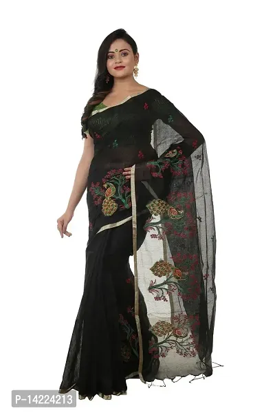 martliner Women's Saree Bengal Handloom of Self Design Pure Cotton Silk With Blouse Piece, Black Colour-thumb0