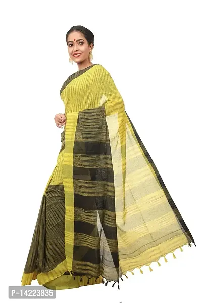 martliner Women's Bengal Cotton Handloom Sarees Latest Design With Blouse Piece, Black and Yellow Colour-thumb2