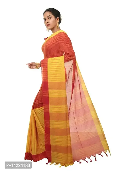 martliner Designer Striped Handloom Khadi Cotton Saree for Women (Yellow,Black/White,Blue/Red,Yellow)-thumb2