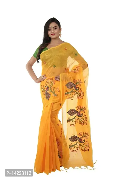 martliner Women's Saree Bengal Handloom of Self Design Pure Cotton Silk With Blouse Piece, Yellow Colour