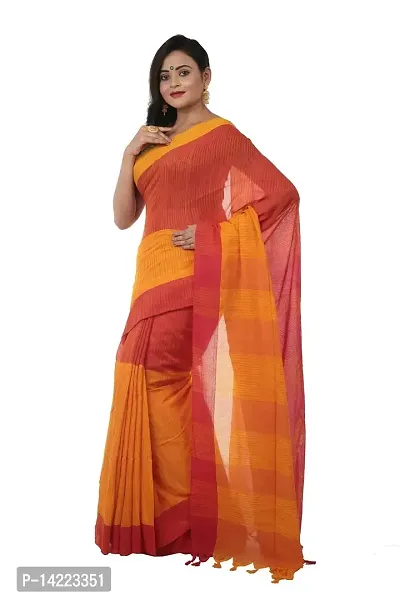 martliner Pure Handloom Cotton Sarees for Women in Woven Self Design With Blouse Piece, Yellow and Red Colour-thumb2