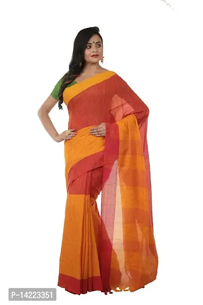 martliner Pure Handloom Cotton Sarees for Women in Woven Self Design With Blouse Piece, Yellow and Red Colour-thumb0