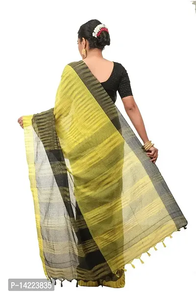 martliner Women's Bengal Cotton Handloom Sarees Latest Design With Blouse Piece, Black and Yellow Colour-thumb3