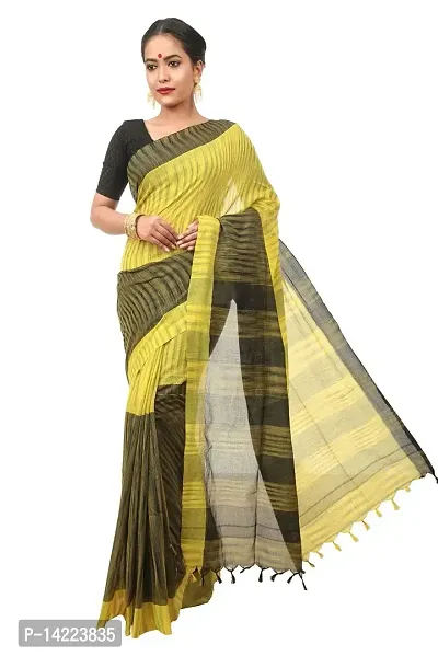 martliner Women's Bengal Cotton Handloom Sarees Latest Design With Blouse Piece, Black and Yellow Colour-thumb0