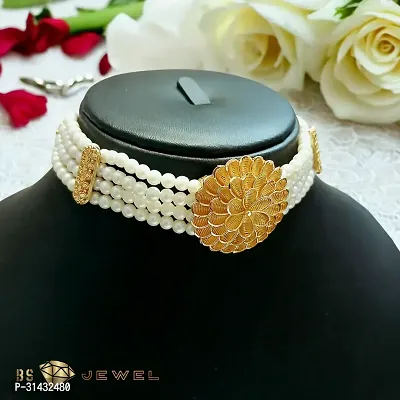 Trendy White Pearl Gold Plated Choker Necklace set with pair of Earring for Girls and Women-thumb3