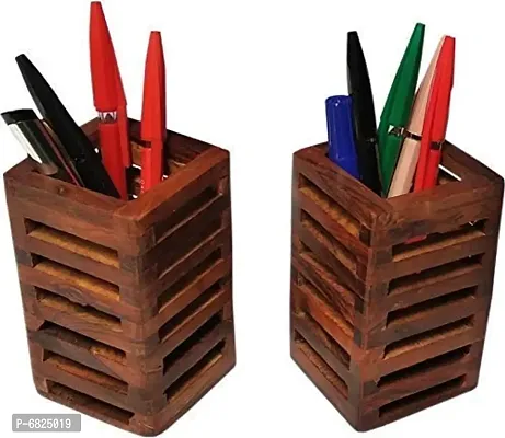 Wooden Pencil, Pen Stand for Office Table Study Table/Makeup Brush Holder for Dressing Table (Brown color, Pack of 2 pieces) Square Shape Pen Holder for Office and Home-thumb0