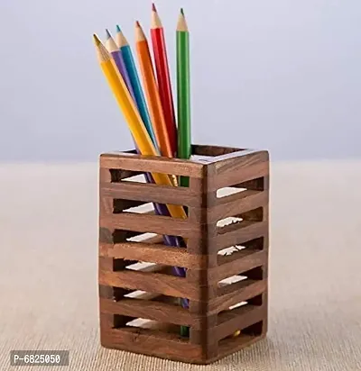 Wooden Pencil, Pen Stand for Office Table Study Table/Makeup Brush Holder for Dressing Table (Brown color, PACK OF 1-thumb0