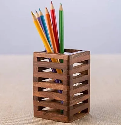 Wooden Pencil, Pen Stand for Office Table Study Table/Makeup Brush Holder for Dressing Table (Brown color, PACK OF 1