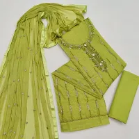 Reliable Green Chanderi Embroidered Women Dress Material with Dupatta-thumb1