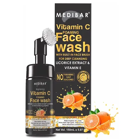 Medibar Face Wash  Brightening Vitamin C Foaming with Built-In Face Brush for Deep Cleansing  Vitamin E - No Parabens, Sulphate, Silicones  Color - 150 ml Face Wash