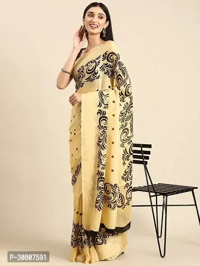 Stylish Beige Cotton Saree With Blouse Piece For Women