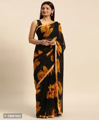 Stylish Black Chiffon Saree With Blouse Piece For Women