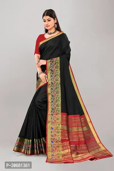 Stylish Black Cotton Saree With Blouse Piece For Women-thumb4