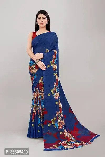 Stylish Navy Blue Georgette Saree With Blouse Piece For Women-thumb0