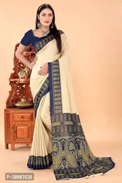 Stylish Beige Pure Silk Saree With Blouse Piece For Women-thumb0